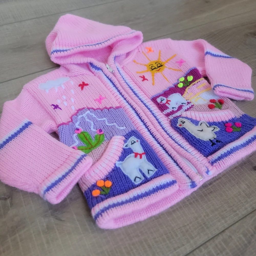 The Whisper Handicrafts Girls 100% Wool Llama Zip Hoodie Pink Size 18-24M / 2T
